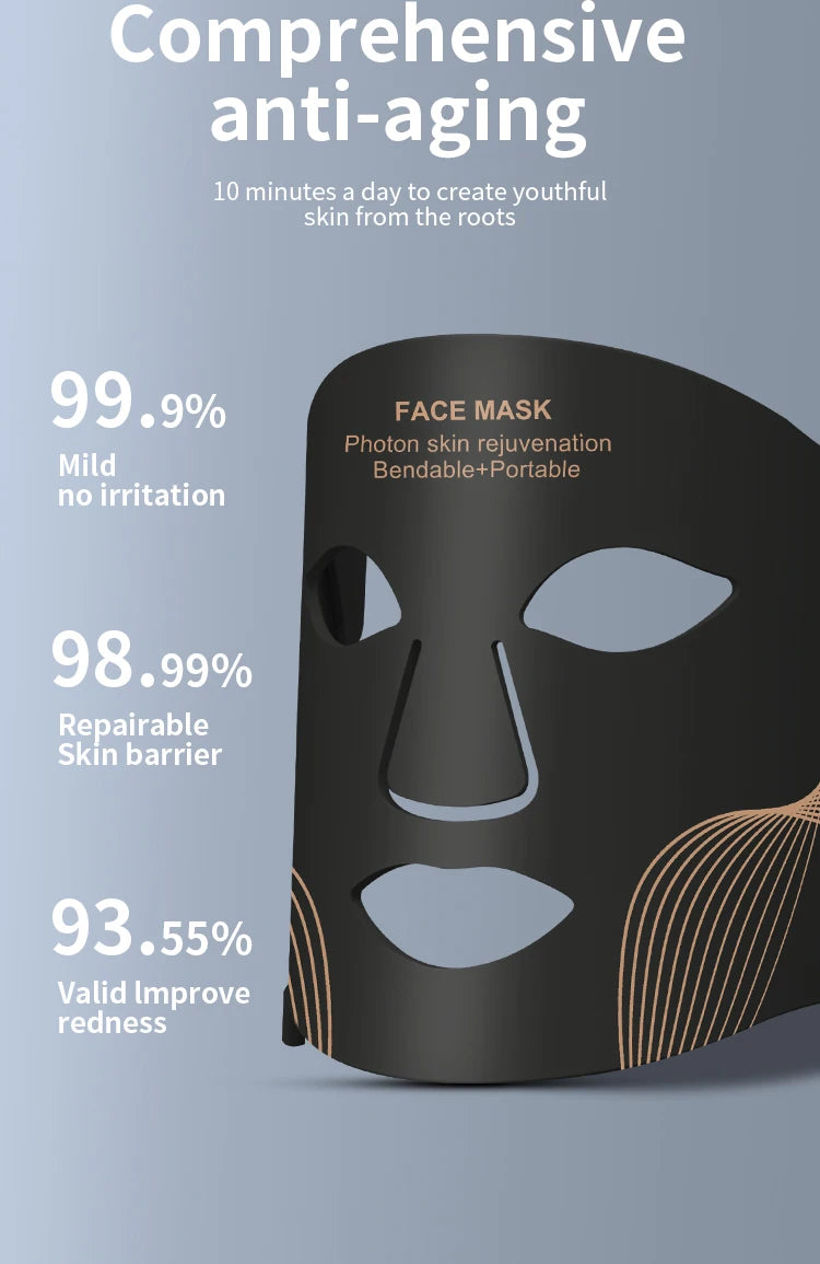 7 Color LED Face Mask with Neck Wireless Portable Red Light Therapy for Anti-Aging, Wrinkles, Skin Rejuvenation, Home Use